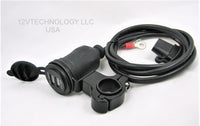 Narrow Thin Motorcycle Mount Fast USB Charge 4.8 Amps Handlebar 3/4 - 1" Harness - 12-vtechnology