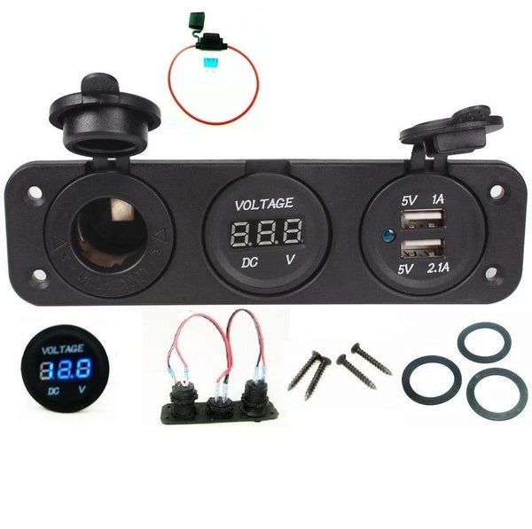 12V or 24 Volt Triple USB Charger + Blue Voltmeter + Socket Panel Outlet Wires - 12-vtechnology