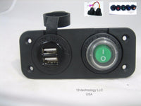 Waterproof Dual USB Charger and  Lighted Switch Marine 12 Volt Panel Dashboard - 12-vtechnology