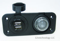 Waterproof Dual USB Charger and  Lighted Switch Marine 12 Volt Panel Dashboard - 12-vtechnology